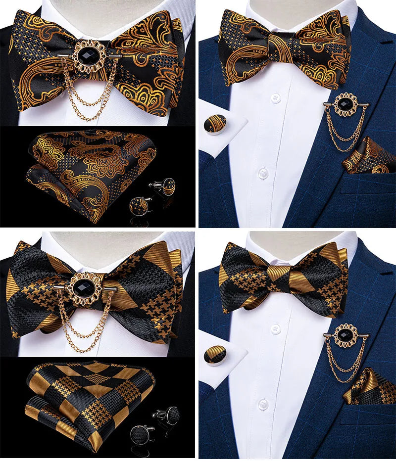 Luxury Gold Black Paisley Self Tie Men's Bow Tie Silk Woven Wedding Party Butterfly Ties Hanky Brooch Pin Set Tuxedo Bow DiBanGu