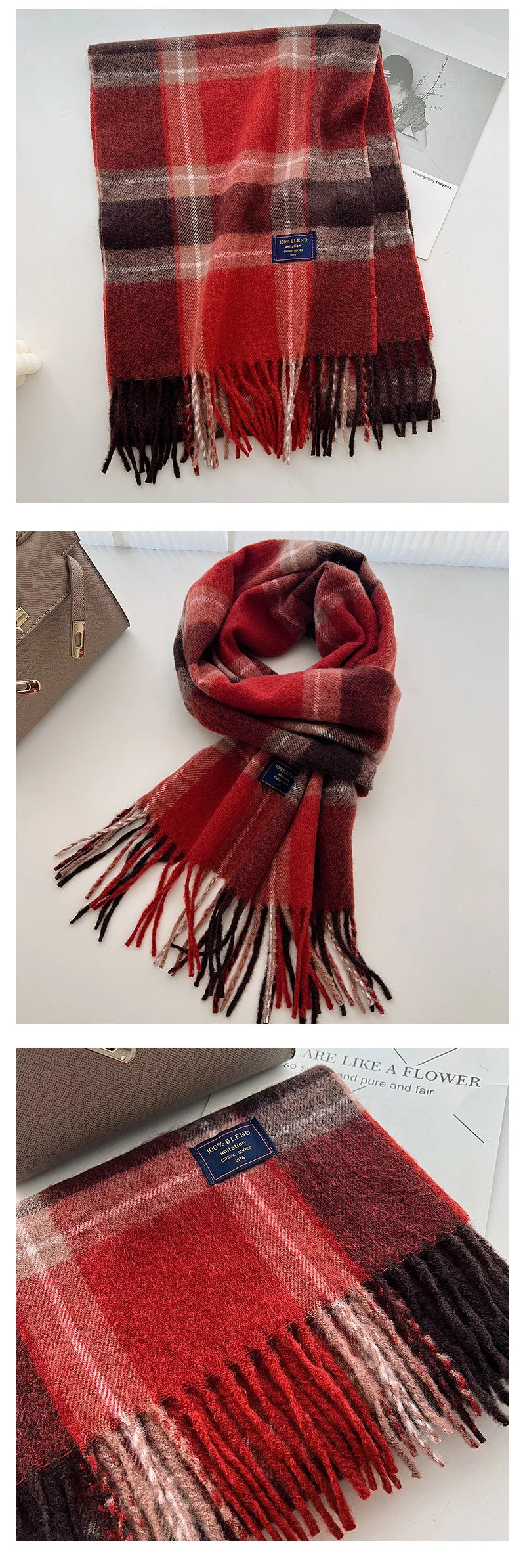 Chic Design Soft Warm Women Scarf Autumn Winter Classic British Imitation Cashmere Muffler Men Plaid Thermal Tassel Shawl Couple