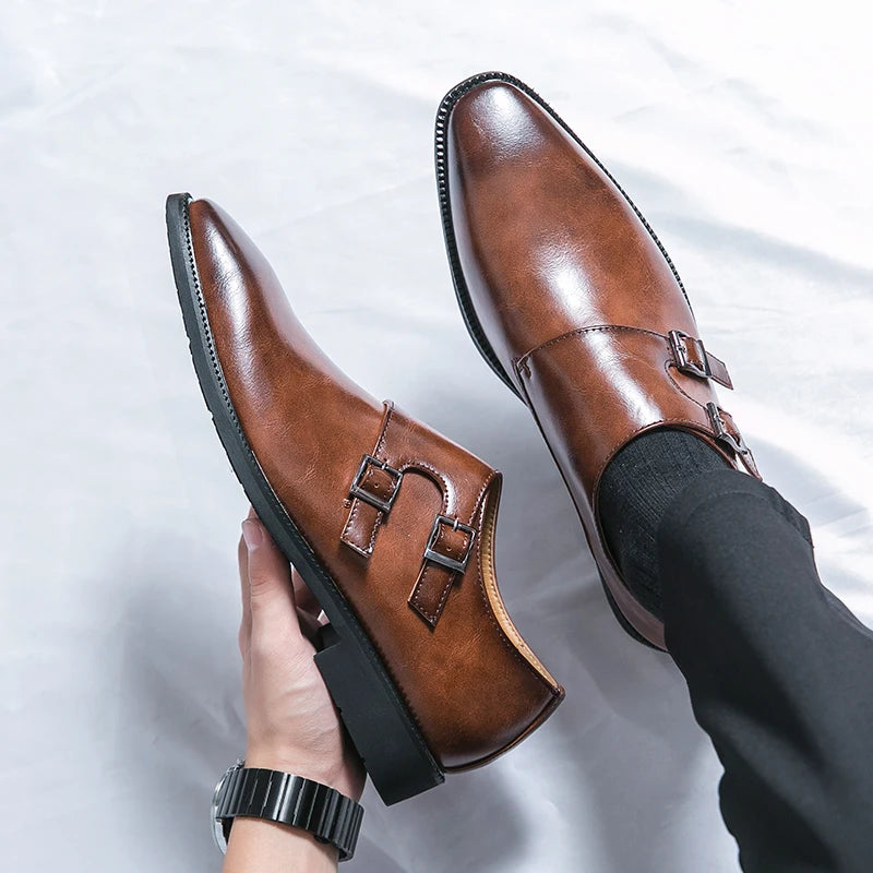 2024 New Leather Shoes for Men Monk Shoes Classic Brown Wedding Shoes for Men Fashion Casual Men Shoes Evening Dress Moccasins