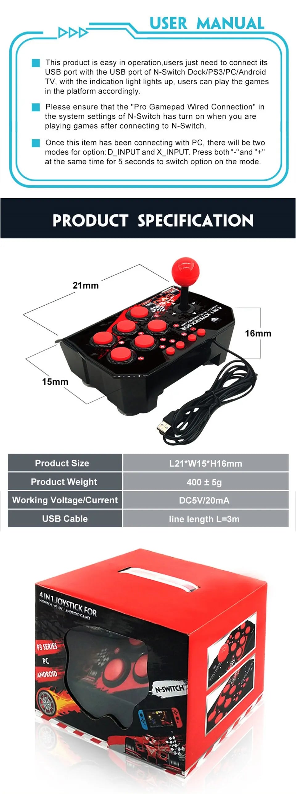 GAMINJA NS002 4 In 1 Retro Arcade Console Game Joystick Rocker Fighting Controller for Nintendo Switch PS3 PC Android TV