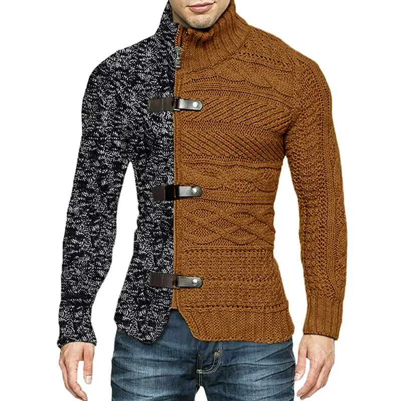 Autumn Winter Mens Sweatercoat Patchwork Turtleneck Cardigan Man Casual Knitted Slim Fit Long Sleeve Fashion Sweater Outerwear