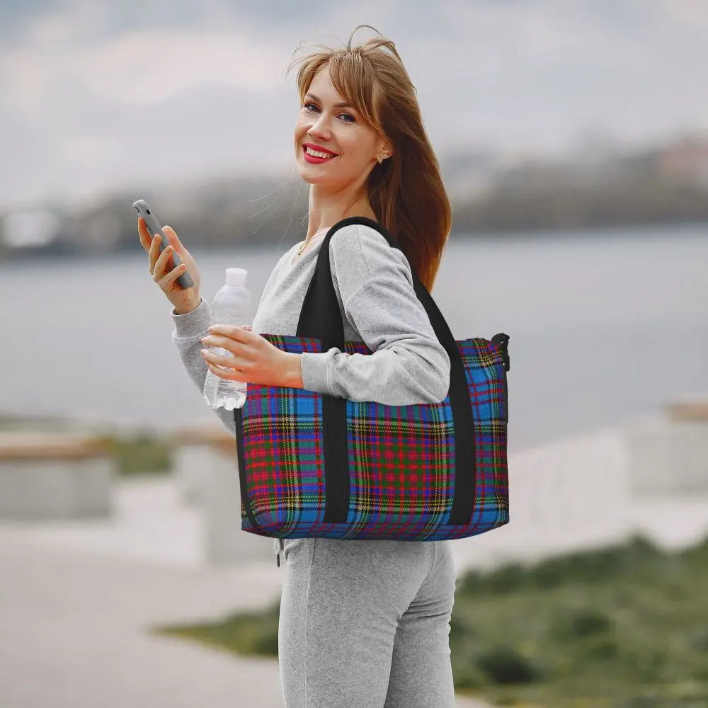 Custom Popular Tartan Plaid Beach Tote Bag for Women Extra Large Gym Carry On Geometric Gingham Check Texture Shopping Bags