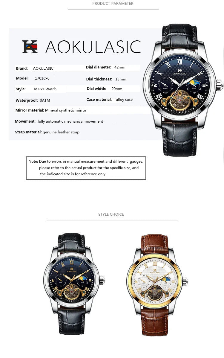 AOKULASIC luxury Mens Mechanical Watch Fashion Sports Waterproof Automatic Watches Man Moon Phase Tourbillon Luminous Wristwatch