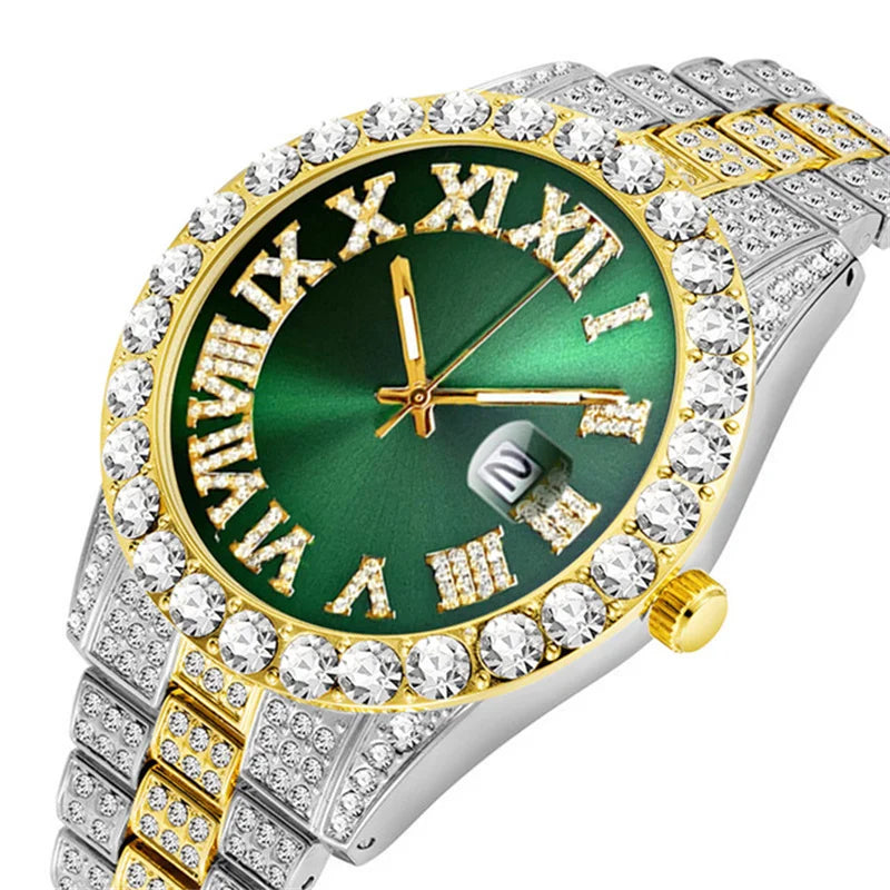 Hip Hop Iced Out Watch Men Luxury Brand Diamond Men's Watches Calendar Quartz Wristwatches Male Clock Gift For Men