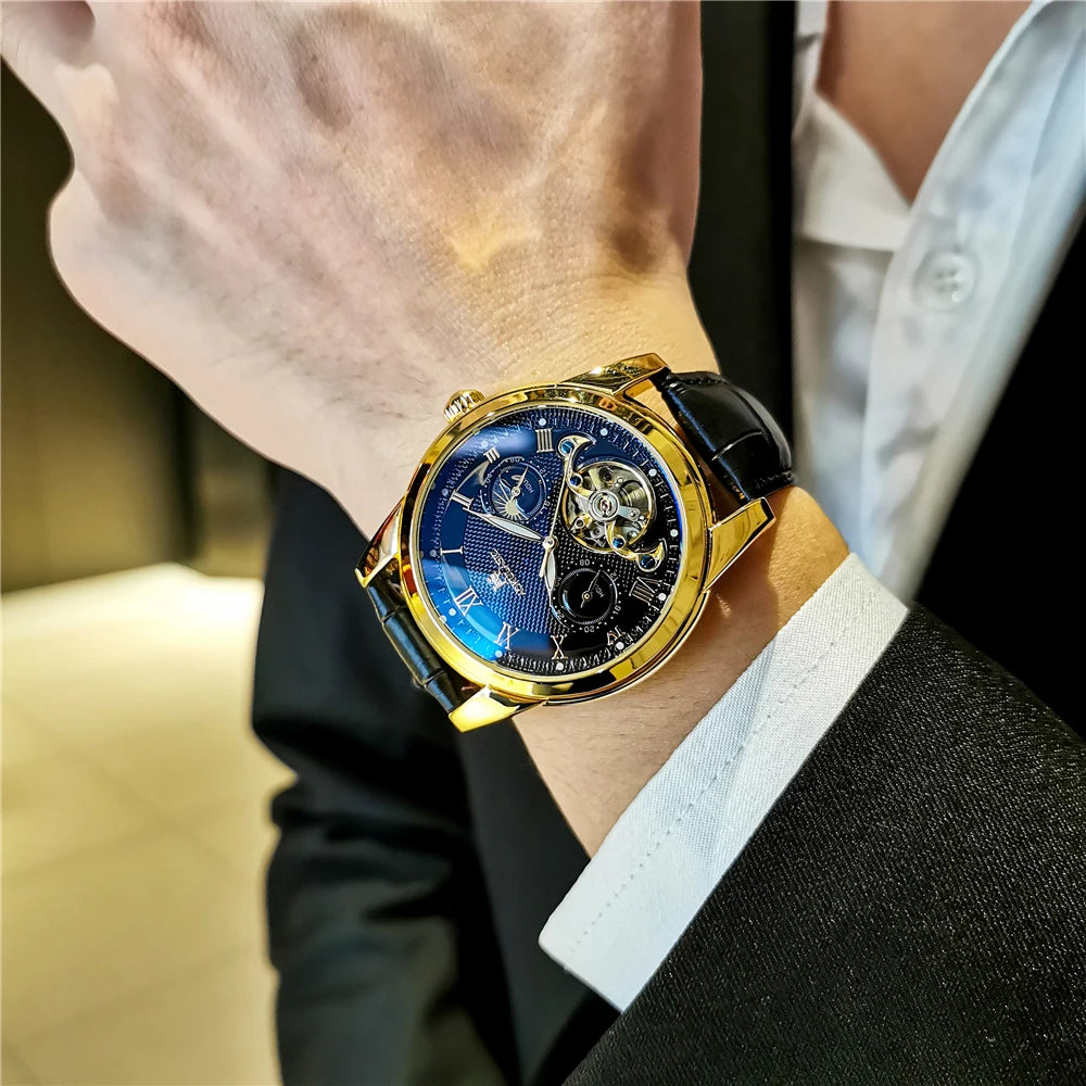 AOKULASIC luxury Mens Mechanical Watch Fashion Sports Waterproof Automatic Watches Man Moon Phase Tourbillon Luminous Wristwatch