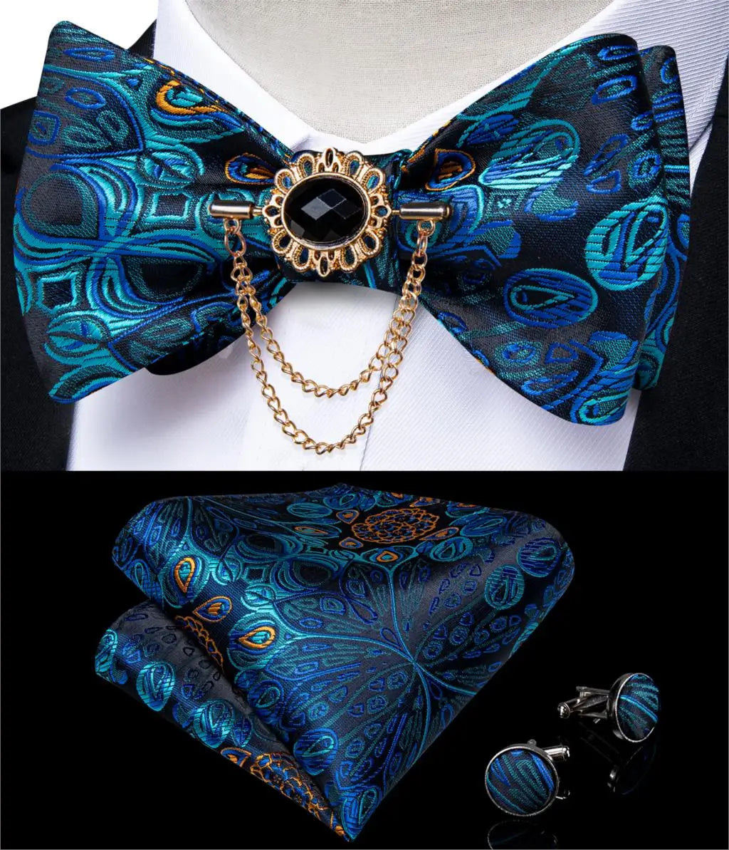 Luxury Gold Black Paisley Self Tie Men's Bow Tie Silk Woven Wedding Party Butterfly Ties Hanky Brooch Pin Set Tuxedo Bow DiBanGu