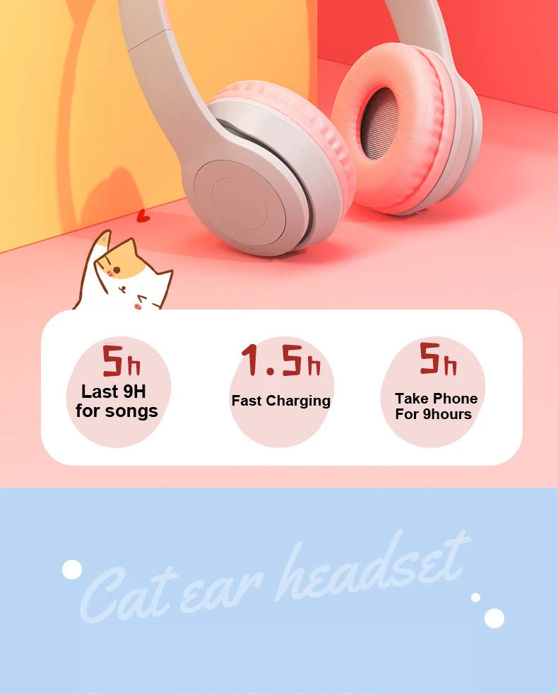 Wireless Headset Flash Light Kids Ear Headphones with Mic Bluetooth Headsets Stereo Music Game Headphone Girls Boys Gift