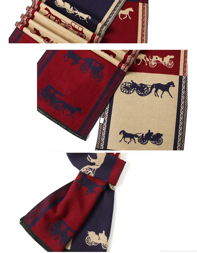 Men's Autumn Winter Horse Pattern Scarf Luxury Gentleman Cashmere Feel Muffler Student Spring Fall Wrap Soft Warm Neckerchief