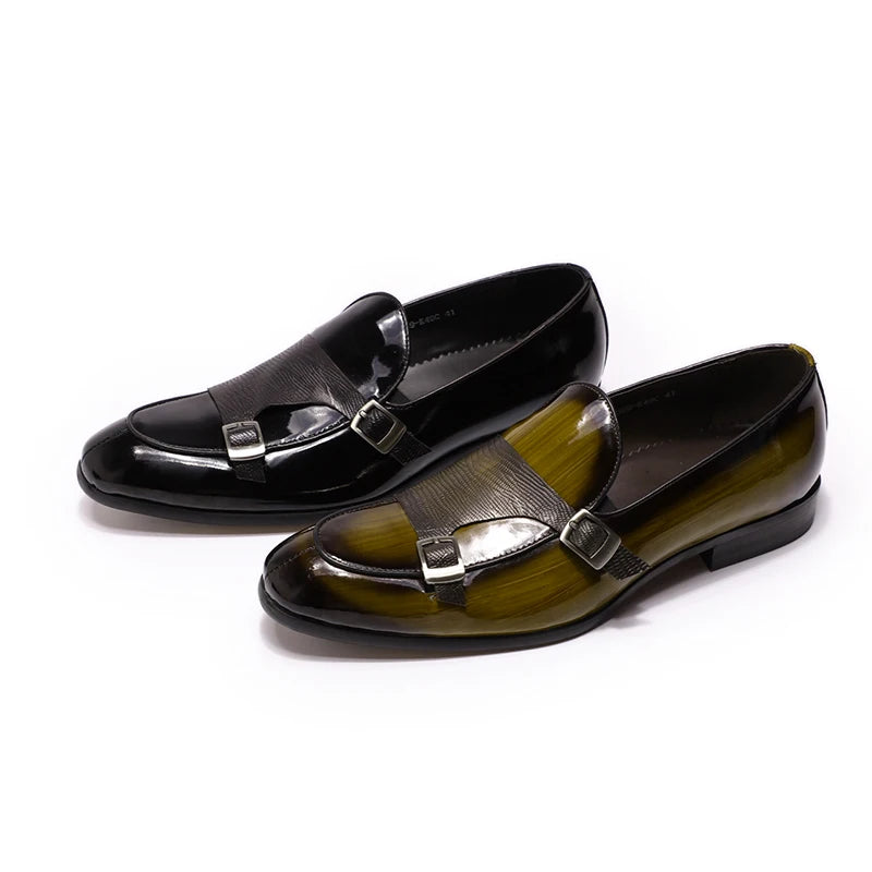 FELIX CHU Brand Patent Leather Mens Loafers Wedding Party Dress Shoes Black Green Monk Strap Casual Fashion Men Slip-On Shoes