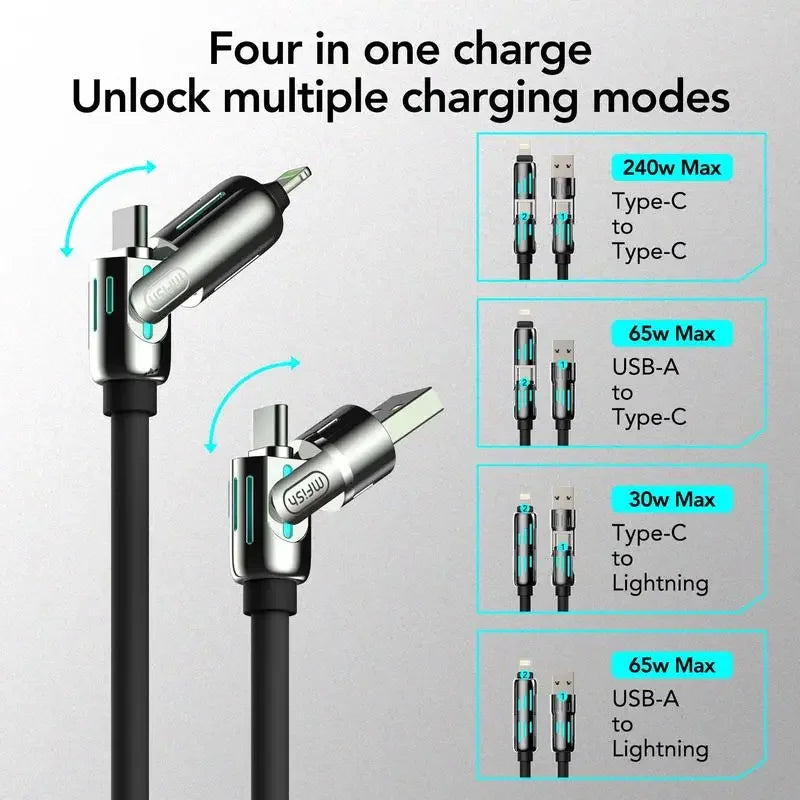 USB、Type C, lightning-Max 240W Fast Charging and Data Sync MFISH 4-in-1 Multi-Function USB Charging Cable for iPhone 16/15, iPad