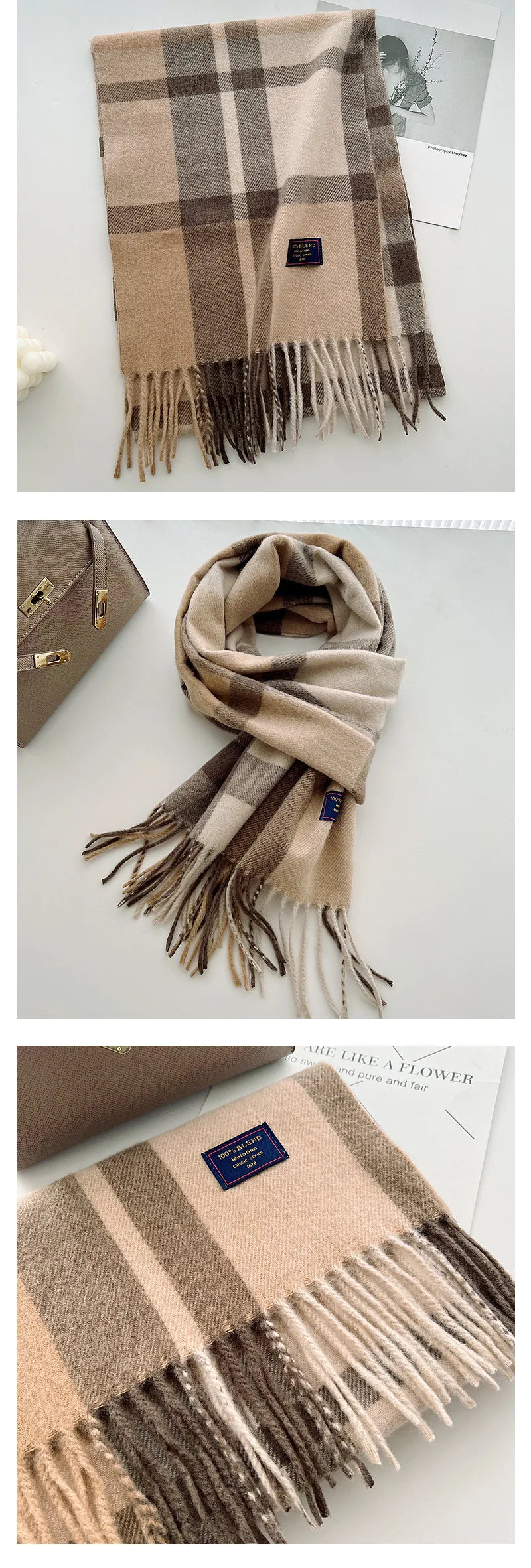 Chic Design Soft Warm Women Scarf Autumn Winter Classic British Imitation Cashmere Muffler Men Plaid Thermal Tassel Shawl Couple