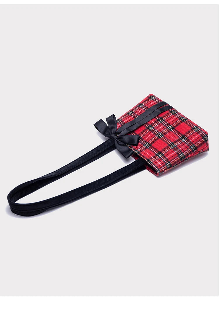 Red Checkered Bow Simple Tote Bag Casual Woolen Versatile Simple Shoulder Bag