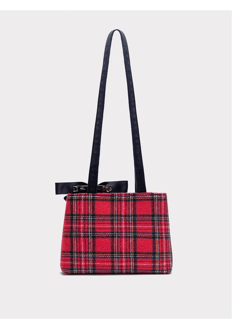 Red Checkered Bow Simple Tote Bag Casual Woolen Versatile Simple Shoulder Bag