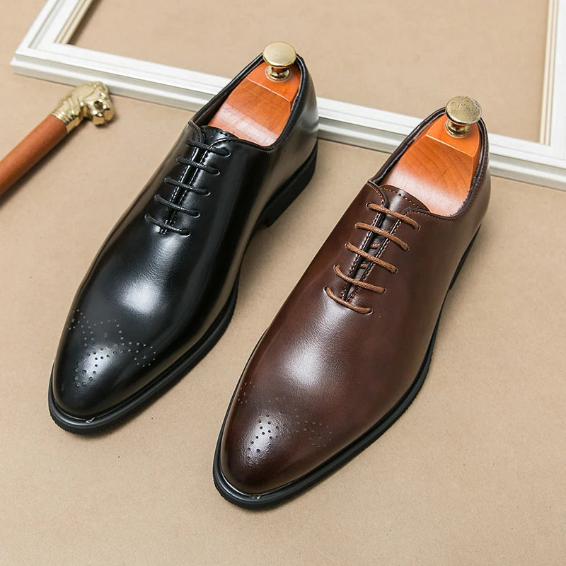 British Style Men's Party Dress Shoes Brown Simple High-end Leather Casual Shoes Pointed Low Cut Men's Loafers Lace Up Style