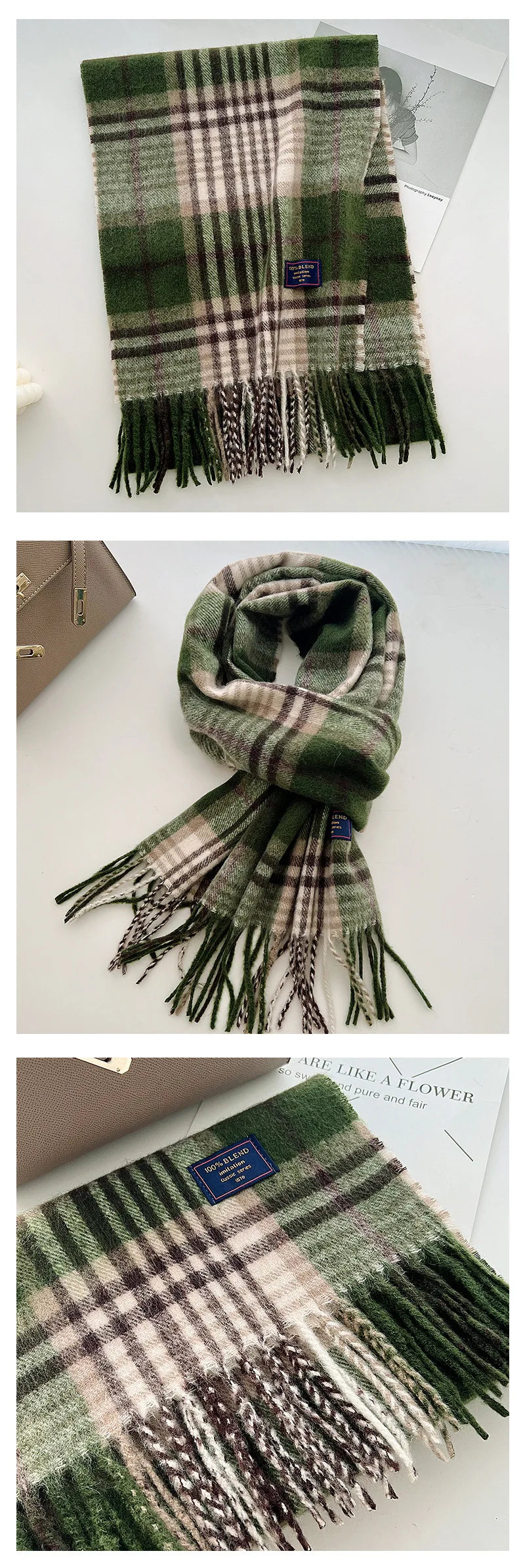 Chic Design Soft Warm Women Scarf Autumn Winter Classic British Imitation Cashmere Muffler Men Plaid Thermal Tassel Shawl Couple