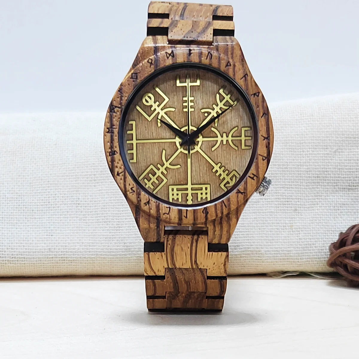 Wooden Wrist Watches Man Viking Symbol Element Clock Personalized Anniversary Gift for Husband Men's Wood Quartz Wristwatches