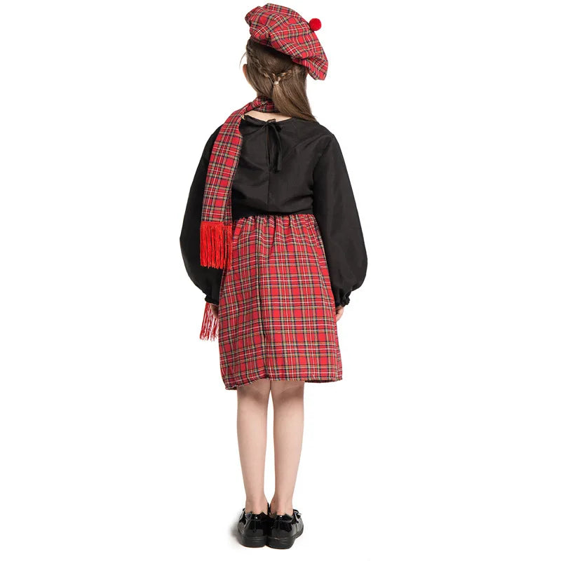 Scotch girl Scotland Costume Head Dress Headwear Scarf Baby Girls Children Halloween Scottish Kilt Cosplay dress