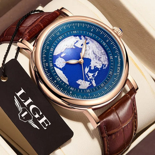 LIGE Mens Watches Fashion Blue Planet Creative Earth Quartz Wristwatch Leather Waterproof Watch For Men Clock Relogio Masculino