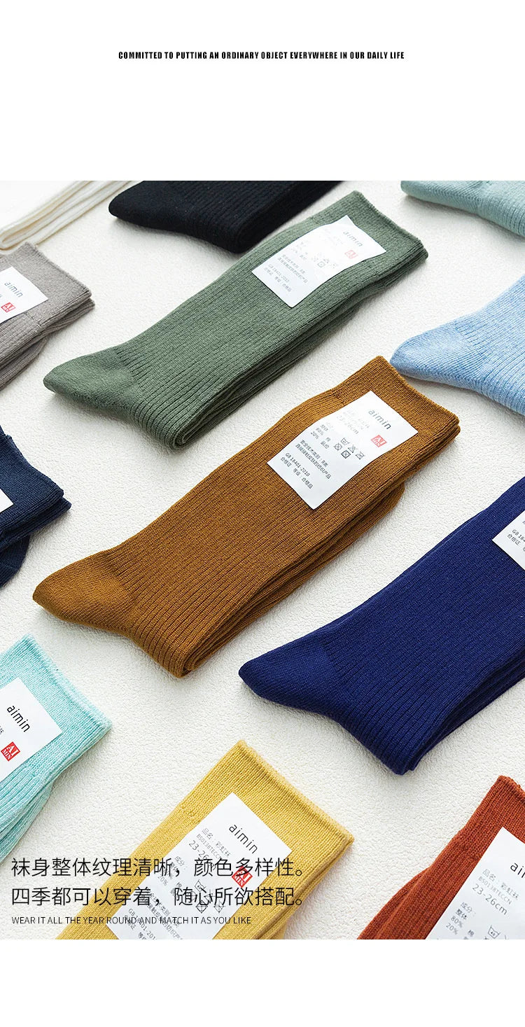 CHAOZHU Japanese Double Needles Cotton Knitting Rib Thin Business Cotton Long Men's Socks Stretch Casual Daily Basic Brand Socks