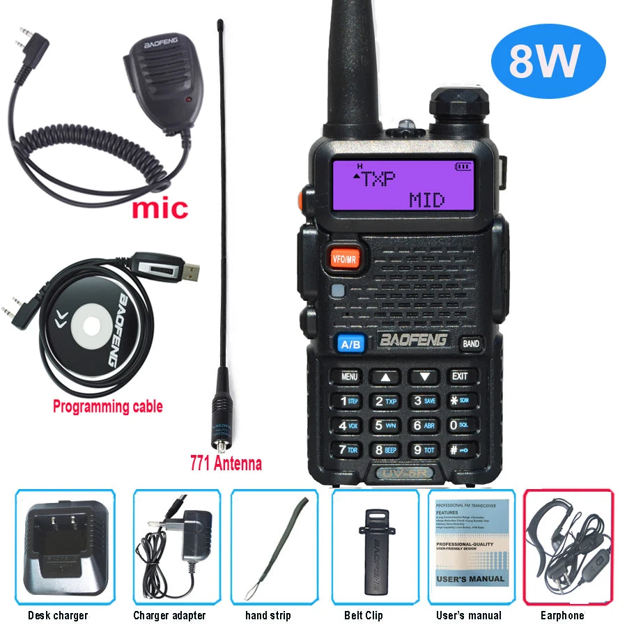 Baofeng UV 5R Walkie Talkie True 8W Portable Ham CB Radio Dual Band VHF UHF FM Transceiver Two Way Hunting Radios UV82 UV9R Plus