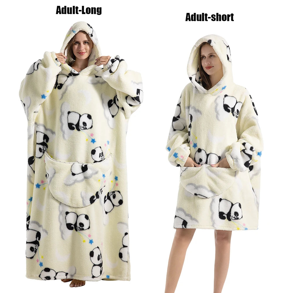 Thick Flannel Blanket Hoodies for Women Adult Panda Wolf Cat Pullover Winter Sherpa TV Blanket Homewear Oversized Sweatshirts