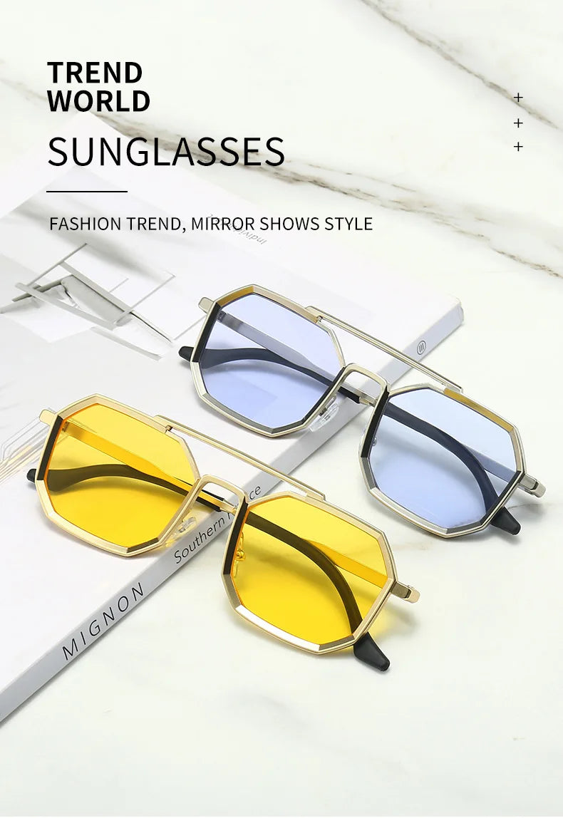 Metal Frames Sunglasses For Men Women Fashion Polygonal Double Bridges Sun Glasses Luxury Brand Outdoor Driving Eyewear