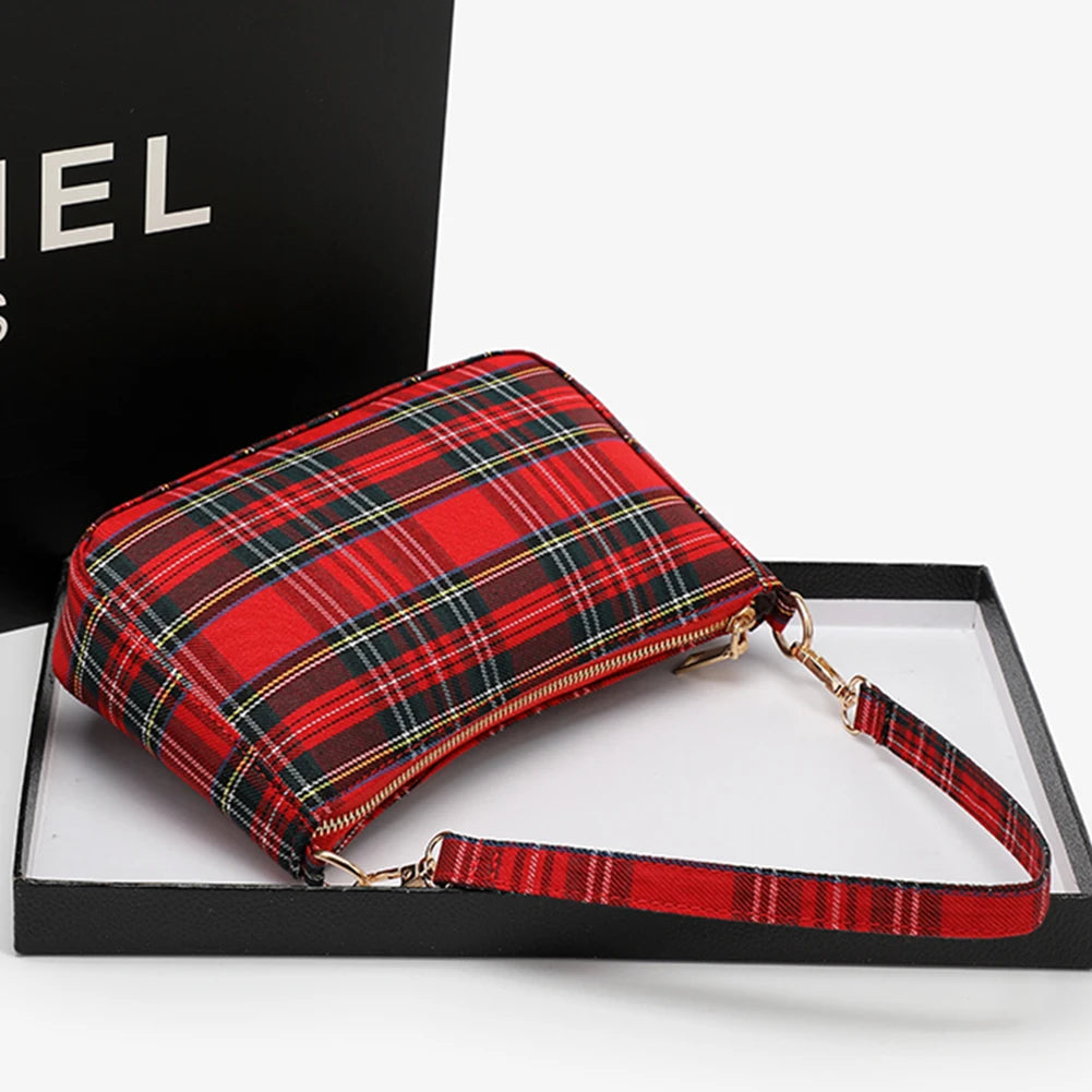 Women Fashion Shoulder Bag Punk Tartan Check Stylish Commuting Bag Simple Plaid Satchel Bag with 2 Straps Tote Handbag