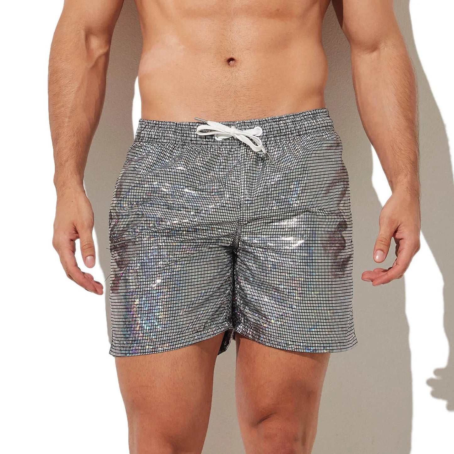 CLEVER-MENMODE Beach Board Swim Shorts Mens Silvery Shine Surfing Swimming Trunks Boxers Faux Leather Beachwear Gymwear