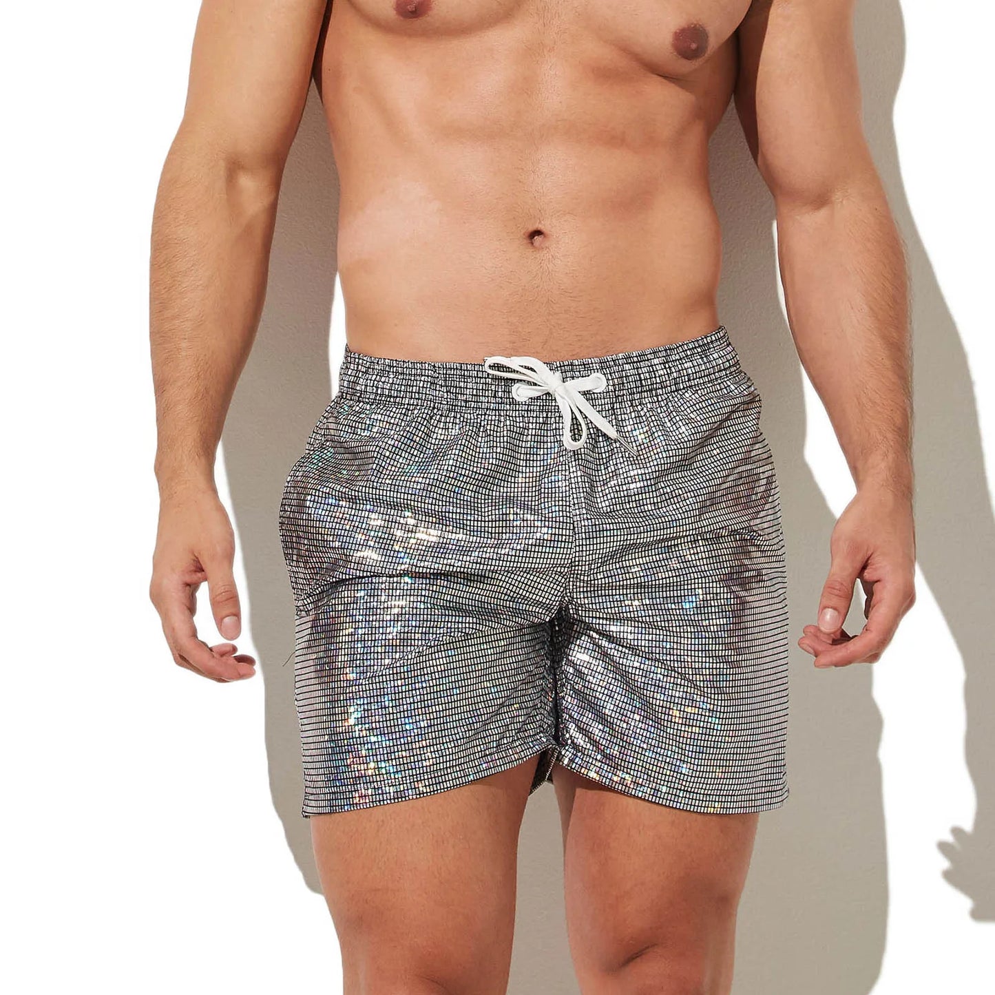 CLEVER-MENMODE Beach Board Swim Shorts Mens Silvery Shine Surfing Swimming Trunks Boxers Faux Leather Beachwear Gymwear