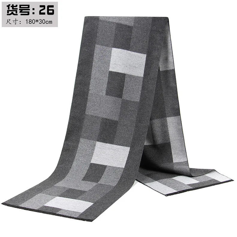 Classic Plaid Men Scarfs Winter Warm Cashmere Soft Scarf For Men Casual Business Neckerchief Black Gray Silk Scarves 30*180cm