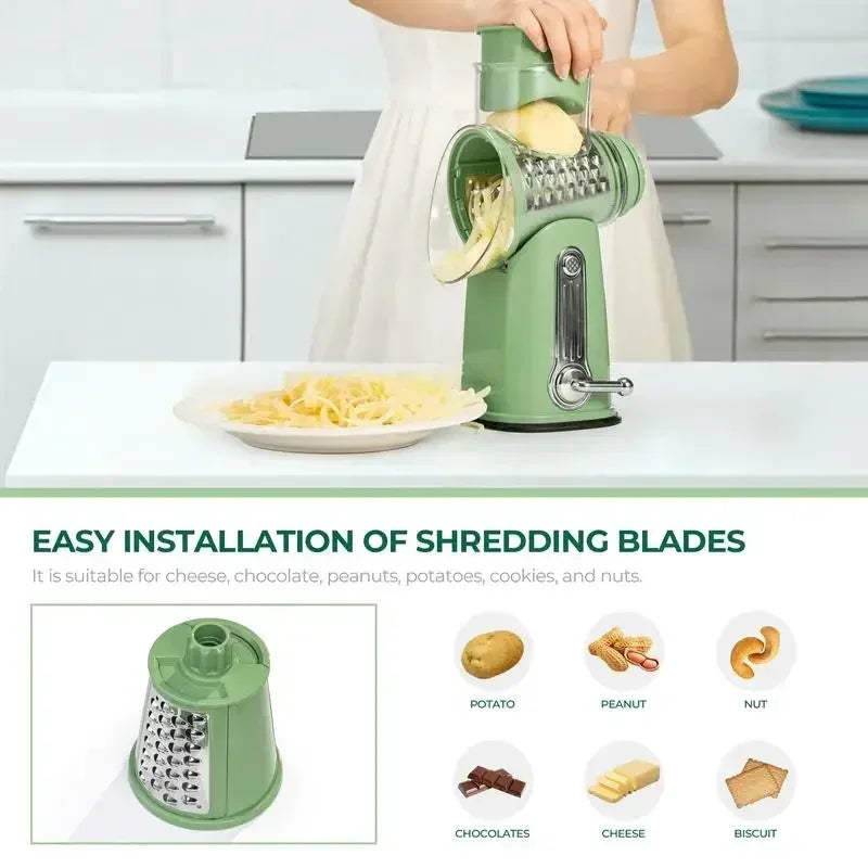 SUSTEAS Rotary Cheese Grater with Handle, Food Shredder with 5 Well-designed Blades & Strong Suction Base,Round Mandoline Slicer