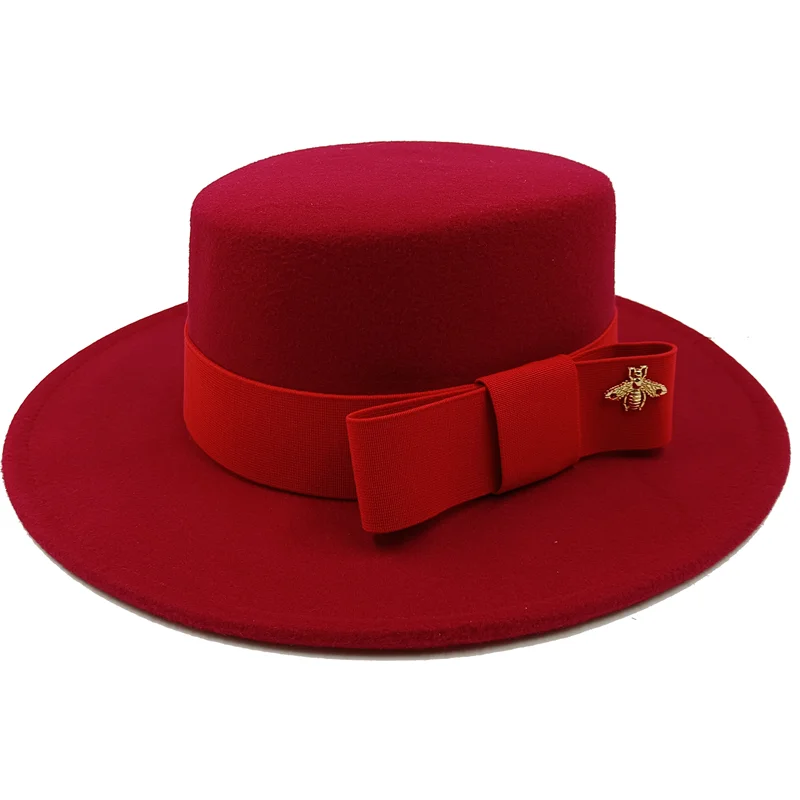 Bow Tie Fedora Hat Winter Round Bumpy Surface Flat Top Bow Tie Elastic Band Men's and Women's Red Jazz Hat Fedora