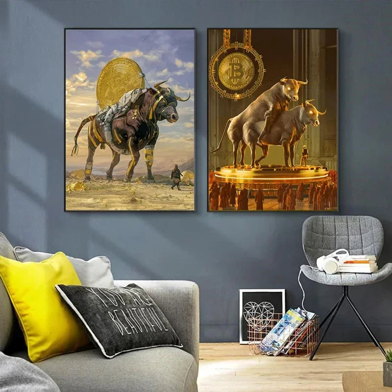 Crypto Fiat Nft Bitcoin Kiss Klimt Graffiti Art Golden Bull Halving Ceremony ALPHA Poster and Print Canvas Painting Room Decor