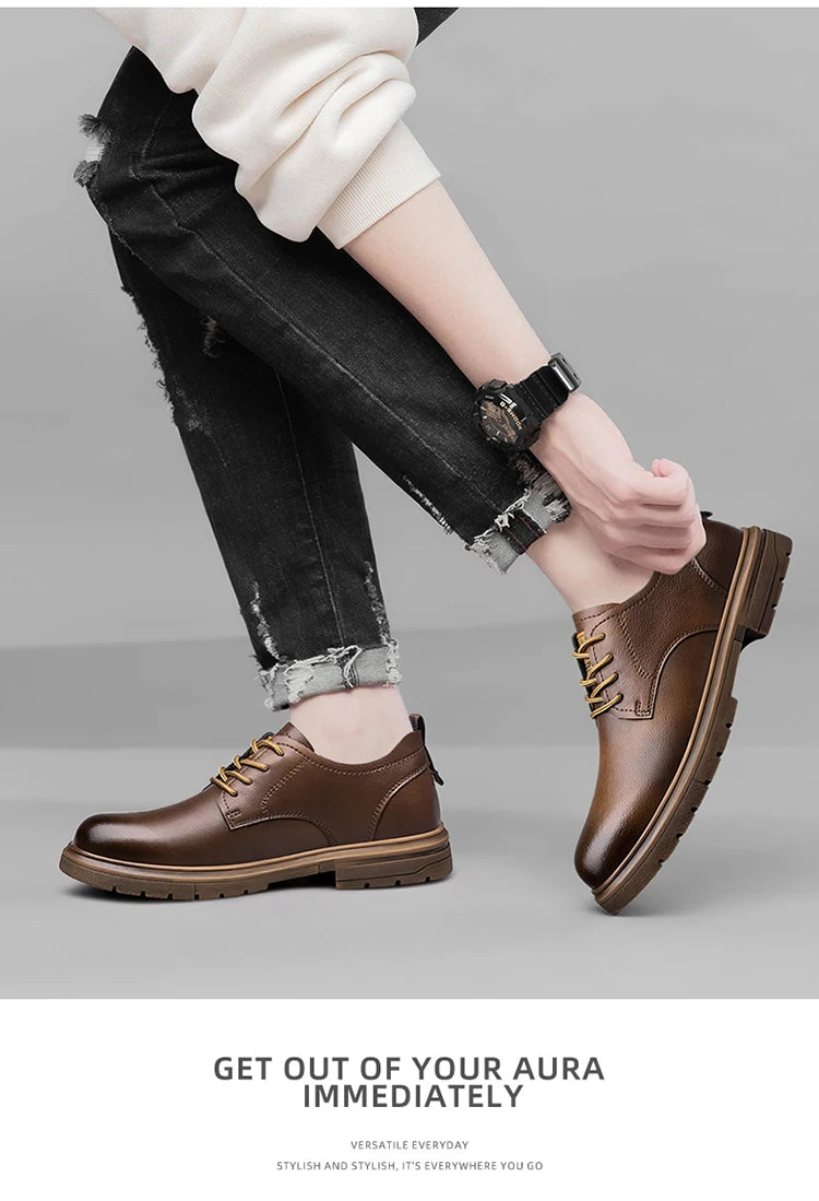 CLOHOC two layer cowhide business casual shoes breathable soft sole comfortable classic lace-up men's shoes