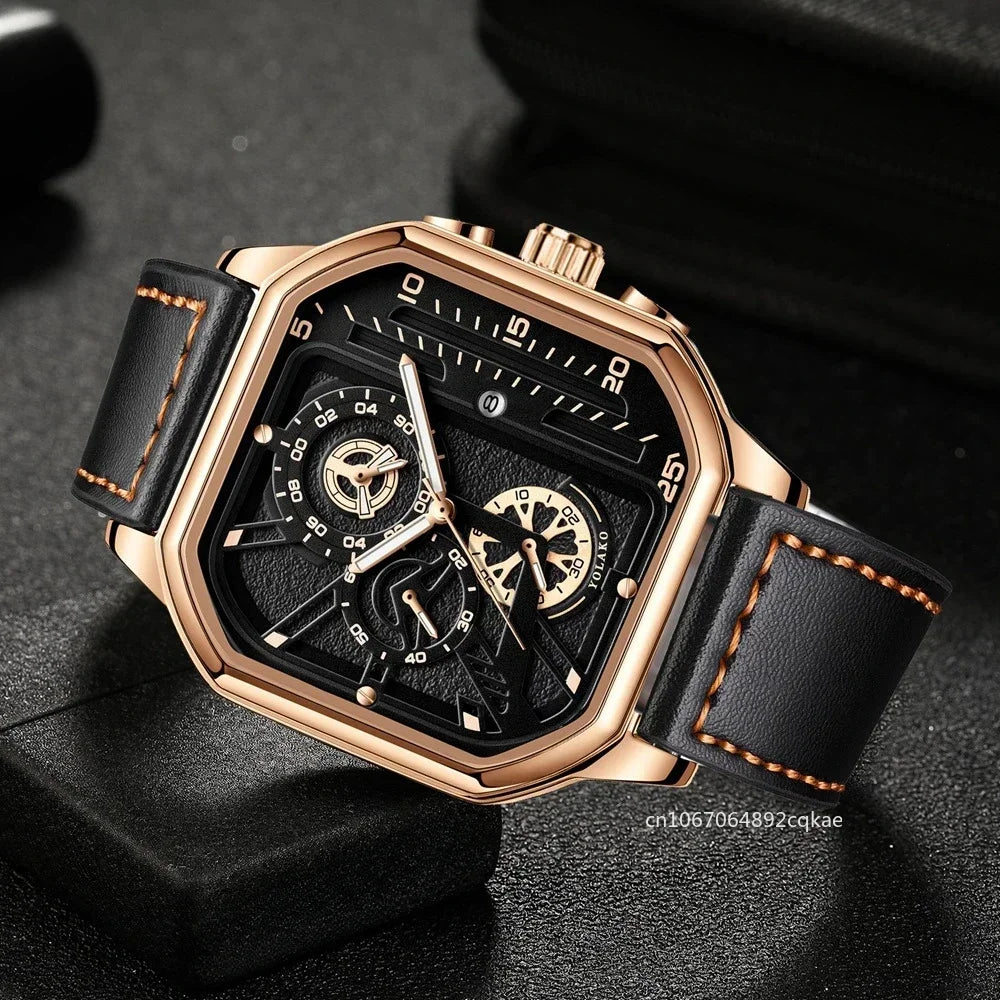 Men Quartz Watches Alloy Dial Business Men Watch PU Leather Strap Big Dial Square Sports Watch Cool Black Wristwatch for Man