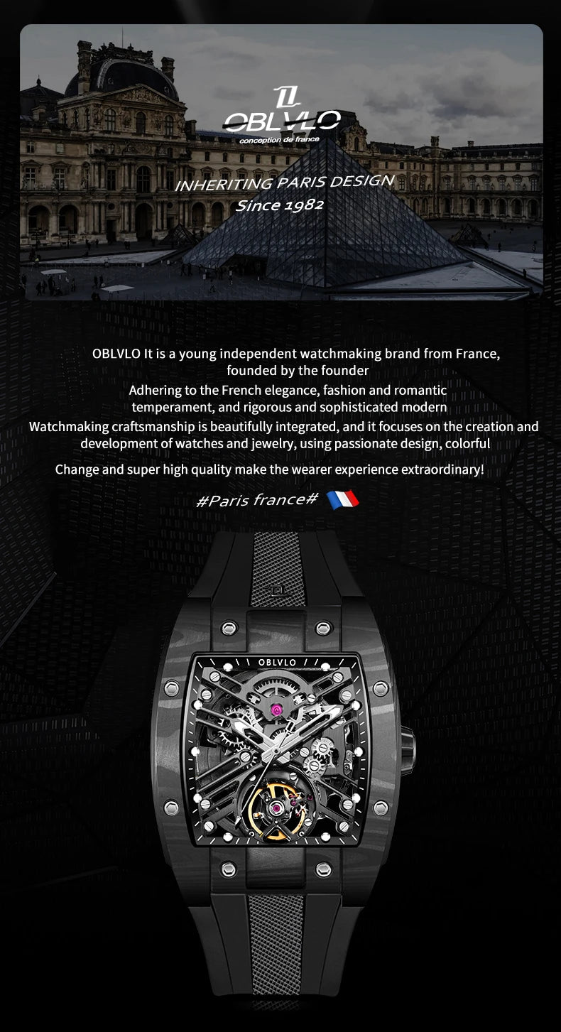 OBLVLO Top Brand Men Automatic Mechanical Watch Skeleton Luminous Wine Barrel Carbon Fiber Case Rubber Strap Waterproof EM