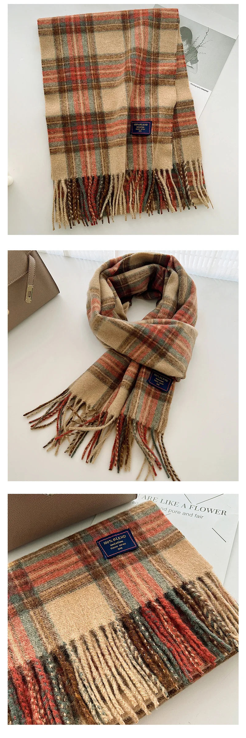 Chic Design Soft Warm Women Scarf Autumn Winter Classic British Imitation Cashmere Muffler Men Plaid Thermal Tassel Shawl Couple