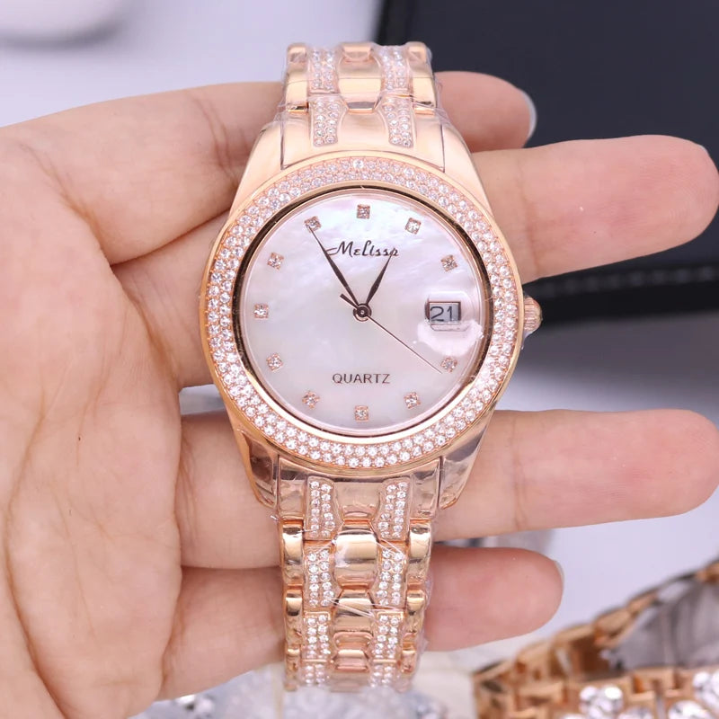 SALE!!! Discount Melissa Ceramic Crystal Rotating Rose Camellia Flower Women's Watch Fashion Luxury Girl Birthday Gift