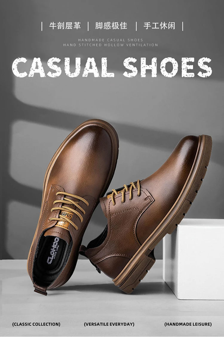 CLOHOC two layer cowhide business casual shoes breathable soft sole comfortable classic lace-up men's shoes