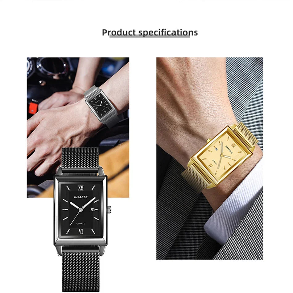 Men Watch Calendar Date Sport & Leisure Leather Clock 2024 Luxury Business Golden Stainless Steel Mesh Band Quartz Reloj Hombre