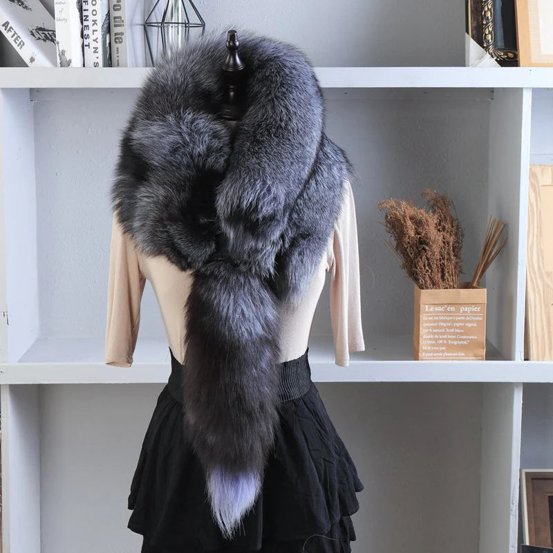 Unisex Real Fur Fox Scarf Men Woman Winter Warm Natural Fur Shawl Soft Headscarf Super big Gray Silver Fox Scarf Fur Accessories