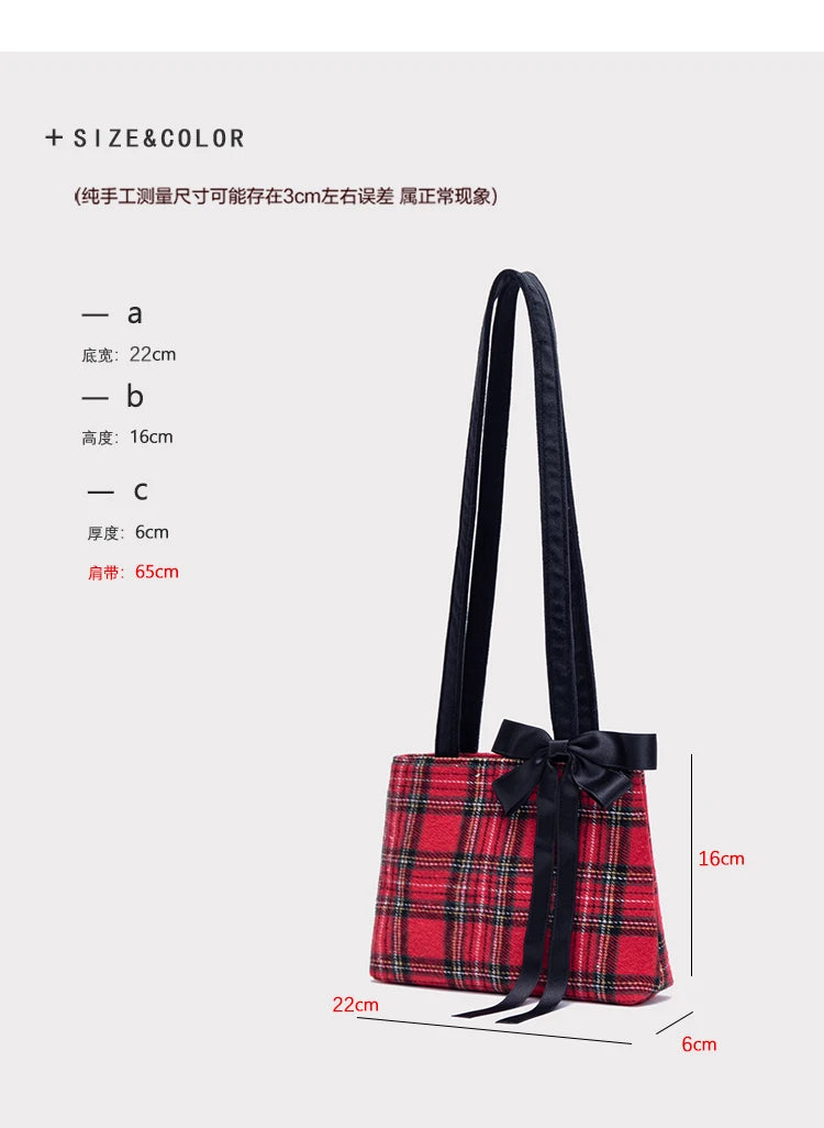 Red Checkered Bow Simple Tote Bag Casual Woolen Versatile Simple Shoulder Bag