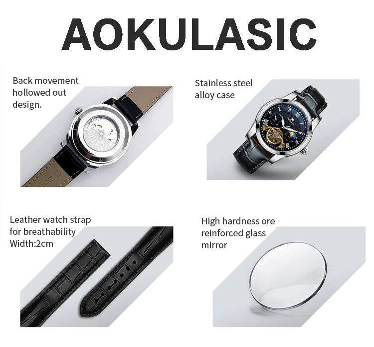 AOKULASIC luxury Mens Mechanical Watch Fashion Sports Waterproof Automatic Watches Man Moon Phase Tourbillon Luminous Wristwatch