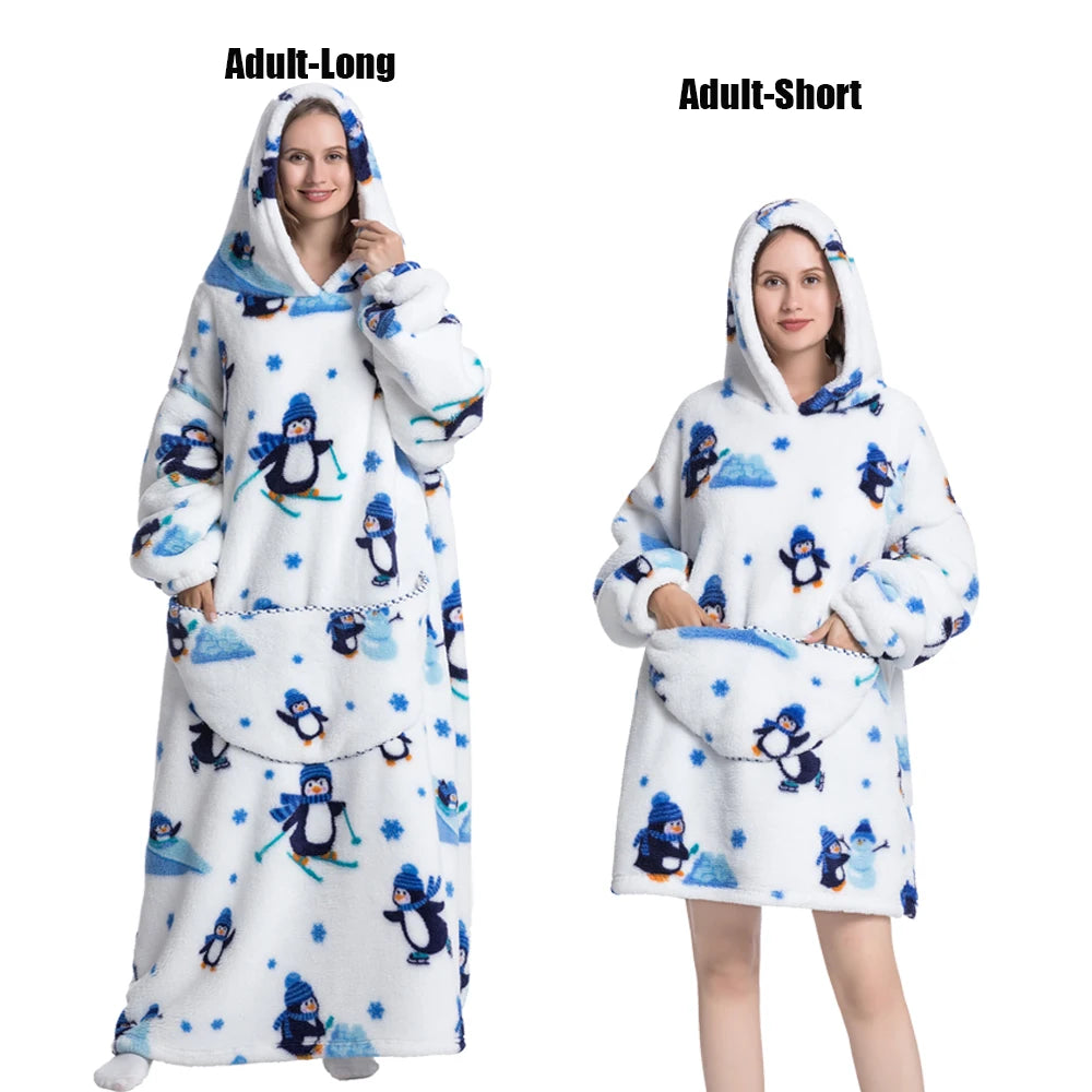 Thick Flannel Blanket Hoodies for Women Adult Panda Wolf Cat Pullover Winter Sherpa TV Blanket Homewear Oversized Sweatshirts