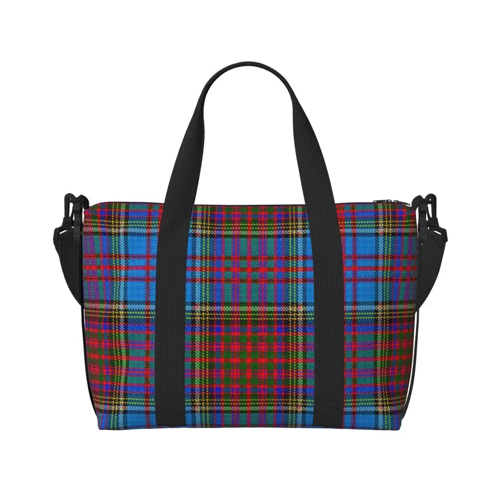 Custom Popular Tartan Plaid Beach Tote Bag for Women Extra Large Gym Carry On Geometric Gingham Check Texture Shopping Bags