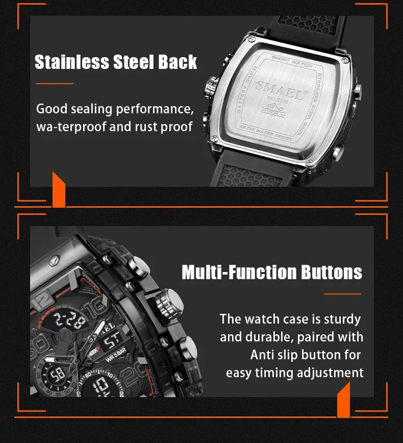 SMAEL 8109 Dual Display LED Night Light Leisure Student Electronic Watch New Men's Watch Multifunctional Sports 50M Waterproof