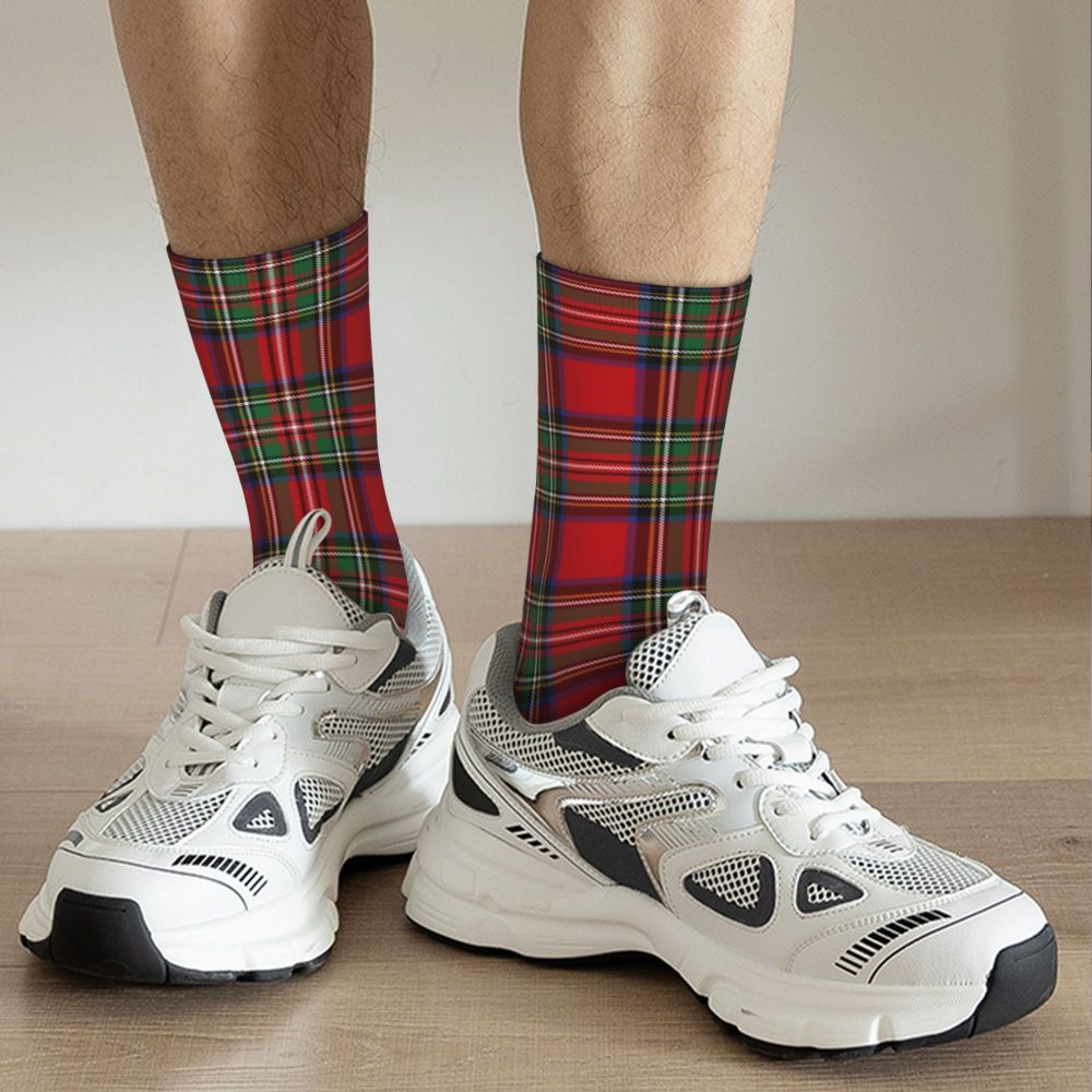 Funny Tartan Clan Stewart Plaid Black Red Check Football Socks Polyester Middle Tube Socks for Unisex Sweat Absorbing