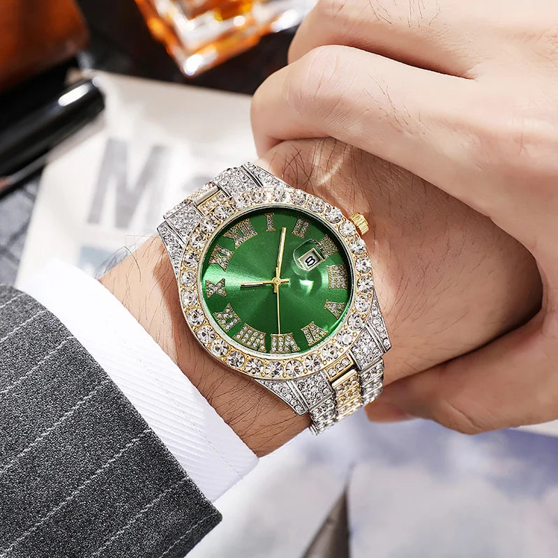 Hip Hop Iced Out Watch Men Luxury Brand Diamond Men's Watches Calendar Quartz Wristwatches Male Clock Gift For Men