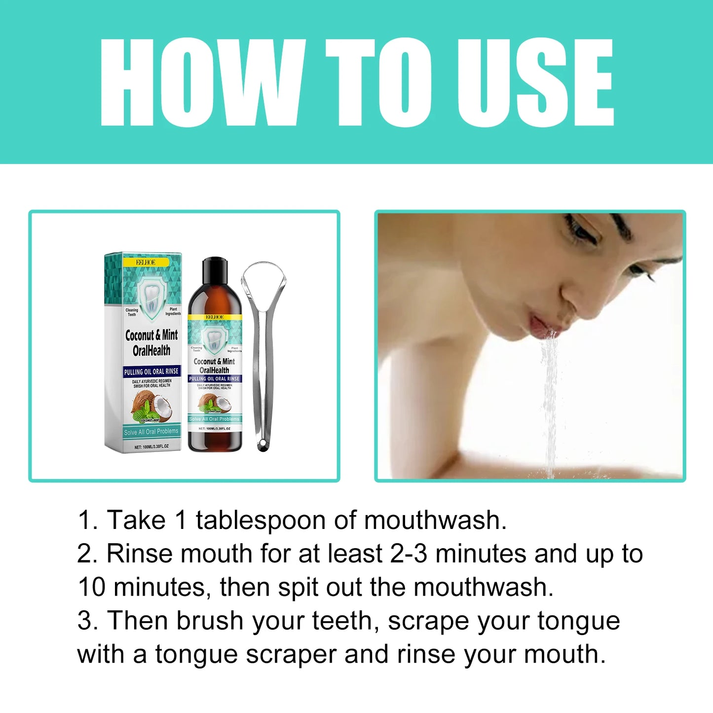 Coconut Mint Pulling Oil Mouthwash Teeth Brighten Fresh Oral Clean Alcohol-Free Tongue Teeth Scrape Whitening Tool Mouth Care