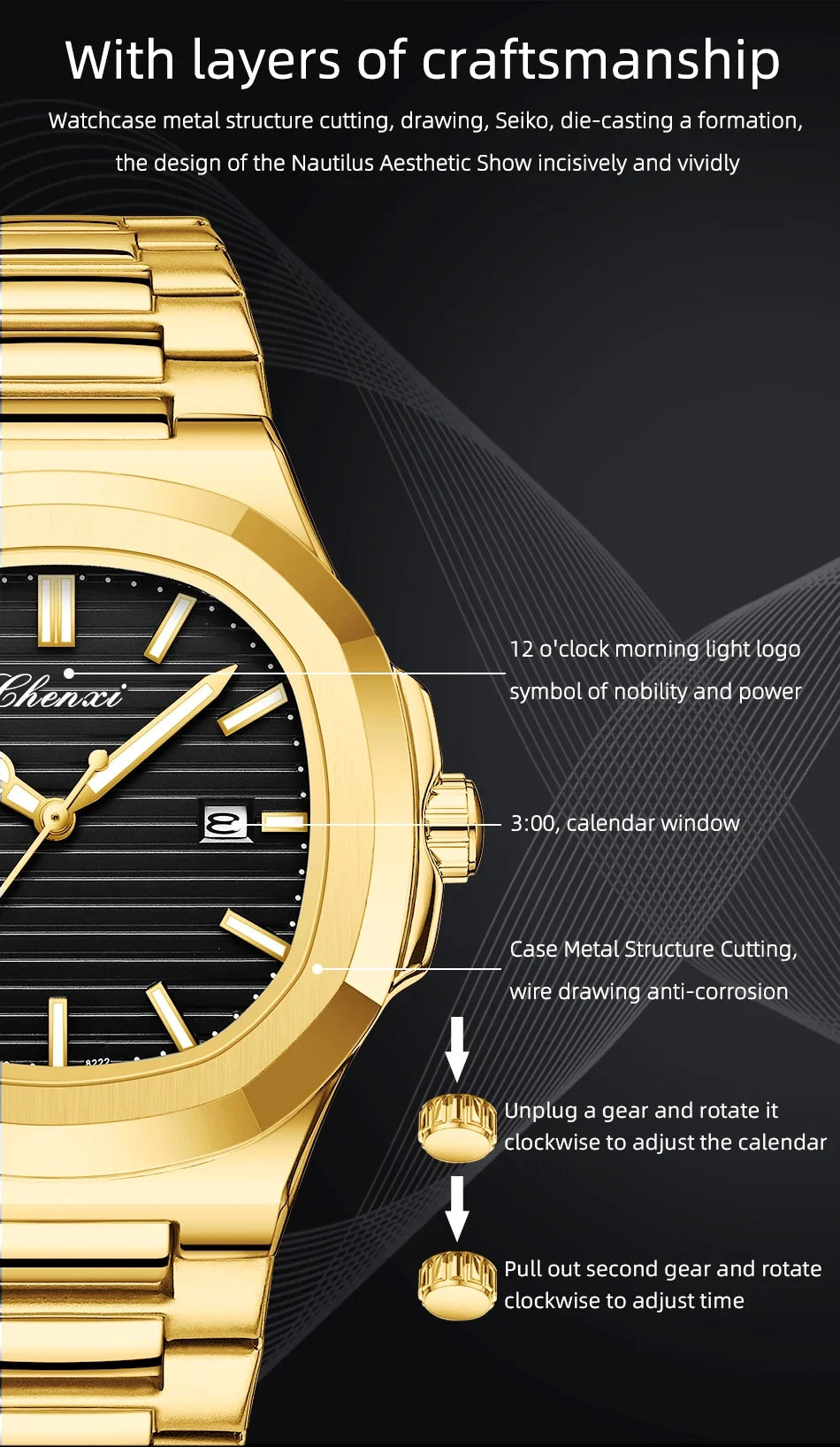 CHENXI 8222 Luxury Gold Stainless Steel Luminous Casual Business Watch For Men Fashion Quartz Wristwatches Waterproof